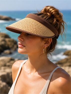 Woven Straw Sun Visor Hat Brown Trim Beach Resort Vacation Golf Tennis One size
